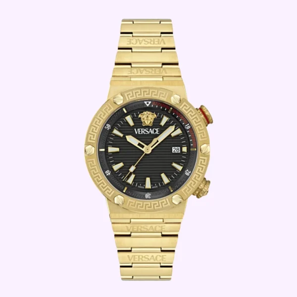Versace Greca Logo Quartz Black Dial Gold Steel Strap Watch for Men - VE8G00624