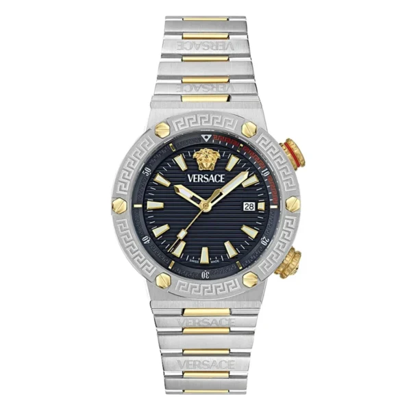 imgi_117_VE8G00424 Versace Greca Logo Diver Quartz Black Dial Two Tone Steel Strap Watch for Men - VE8G00424