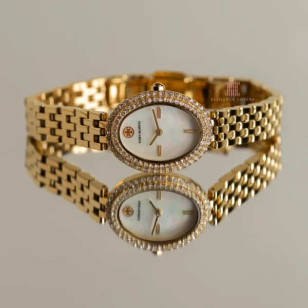 Tory Burch Oval Mother of Pearl Dial Gold Steel Strap Watch for Women - TBW6034