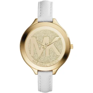 mk2389-michael-kors-watch-women-mk-logo-gold-dial-leather-white-strap-quartz-battery-analog-three-hand-runway-slim Michael Kors Watch For Women MK2389