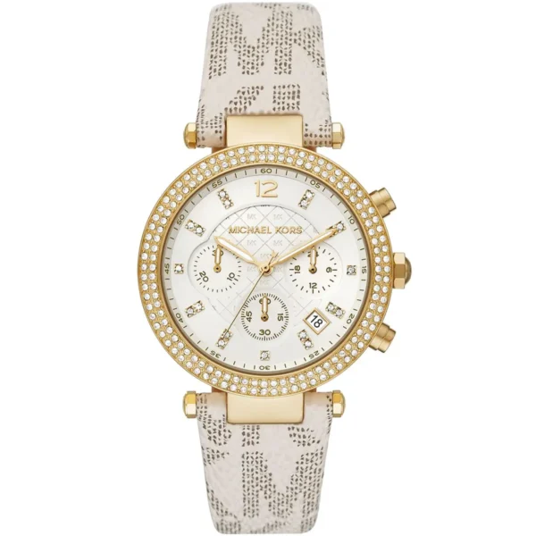 mk6916-michael-kors-chronograph-watch-women-white-dial-polyurethane-chloride-beige-strap-quartz-battery-analog-crystals-parker Michael Kors Watch For Women MK6916
