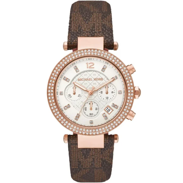 mk6917-michael-kors-chronograph-watch-women-white-dial-polyurethane-chloride-brown-strap-quartz-battery-analog-crystals-parker Michael Kors Watch For Women MK6917