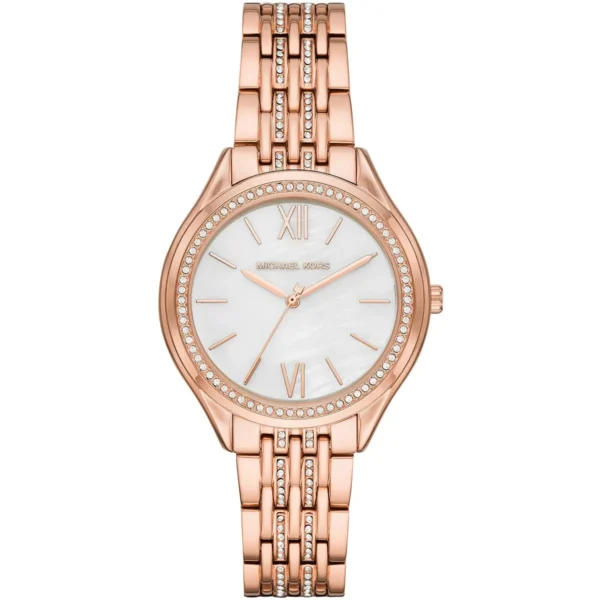 mk7076-michael-kors-watch-women-crystals-white-dial-metal-stainless-steel-rose-gold-strap-quartz-battery-analog-three-hand-mindy Michael Kors Watch For Women MK7076