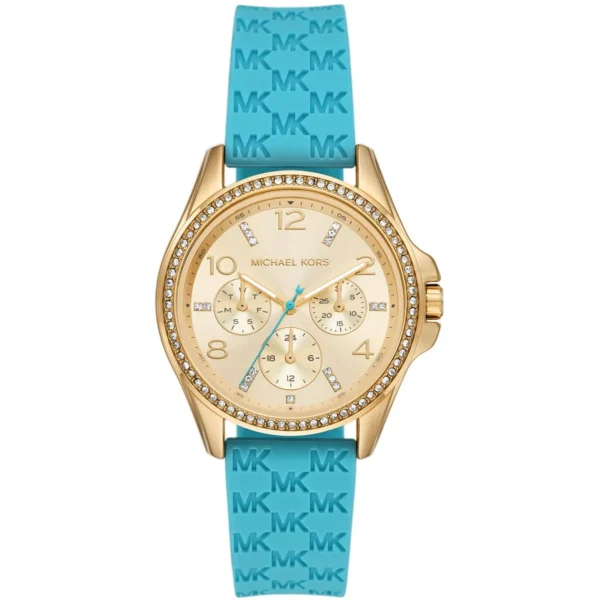 mk7374-michael-kors-watch-women-mk-logo-gold-dial-rubber-blue-strap-quartz-battery-analog-mini-pilot Michael Kors Watch For Women MK7374