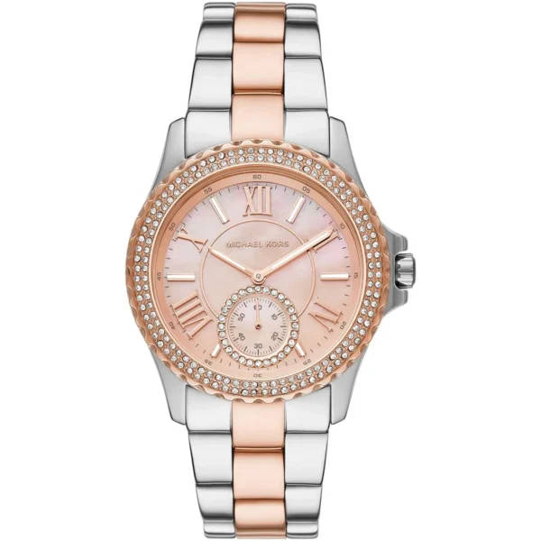 mk7402-michael-kors-watch-women-mother-of-pearl-crystals-rose-gold-dial-metal-stainless-steel-silver-two-tone-strap-quartz-battery-analog-three-hand-everest Michael Kors Watch For Women MK7402