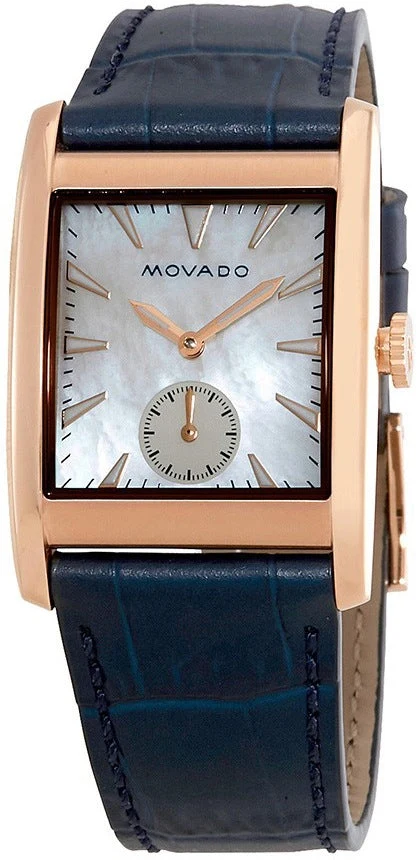 movado-rectangle-watch-3650052-38 Movado Heritage Mother of Pearl White Dial Blue Leather Strap Watch For Women - 3650052