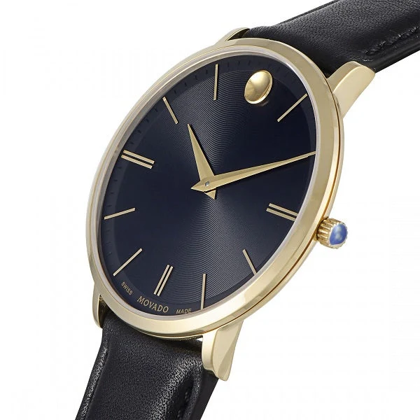 movado_188071_2 Movado Ultra Slim Black Dial Black Leather Strap Watch For Men - 0607087