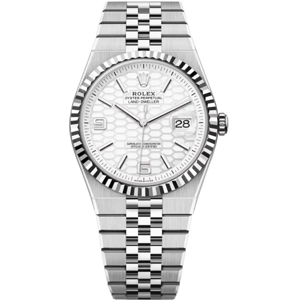 Rolex Men’s Land-Dweller Silver White Honeycomb Dial Watch