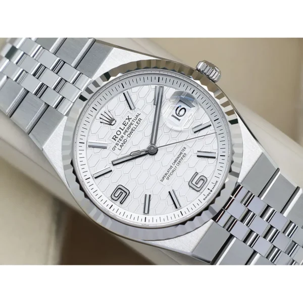 Rolex Men’s Land-Dweller Silver White Honeycomb Dial Watch
