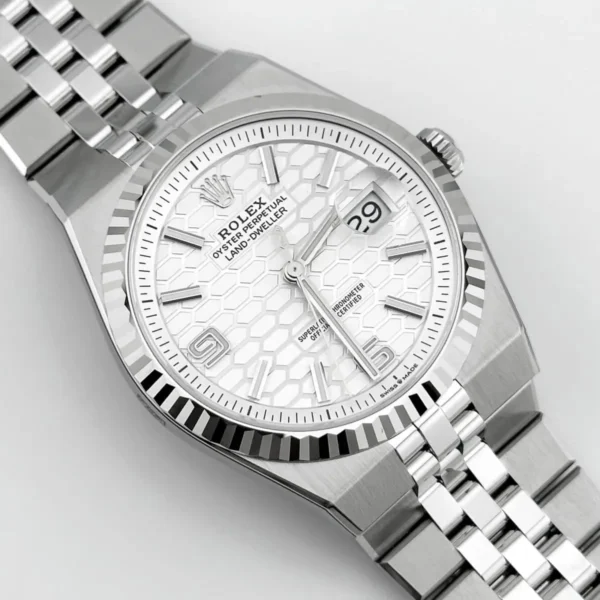 Rolex Men’s Land-Dweller Silver White Honeycomb Dial Watch