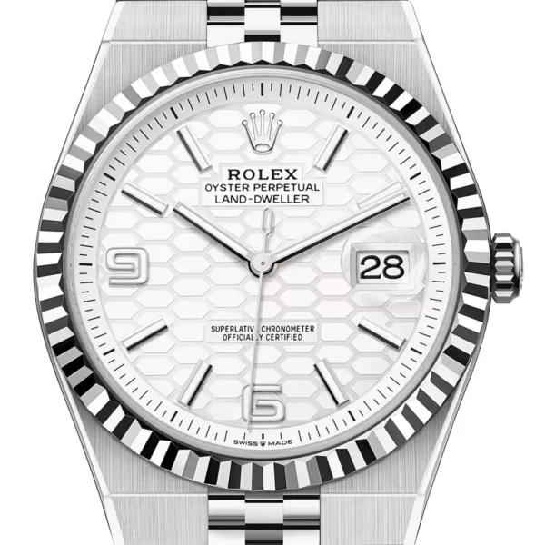 Rolex Men’s Land-Dweller Silver White Honeycomb Dial Watch