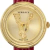 Versace Virtus Mini Quartz Gold Dial Red Leather Strap Watch For Women - VET300521