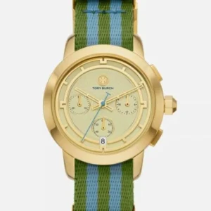 Tory Burch The Tory Chronograph White Dial Two Tone NATO Strap Watch for Women - TBW1037