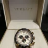 Versace V-Ray Chronograph White Dial Black Leather Strap Watch for Men - VDB040014