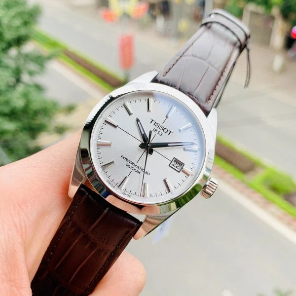 t127-1317 Tissot Gentleman Powermatic 80 Silicium Silver Dial Brown Leather Strap Watch For Men - T127.407.16.031.01