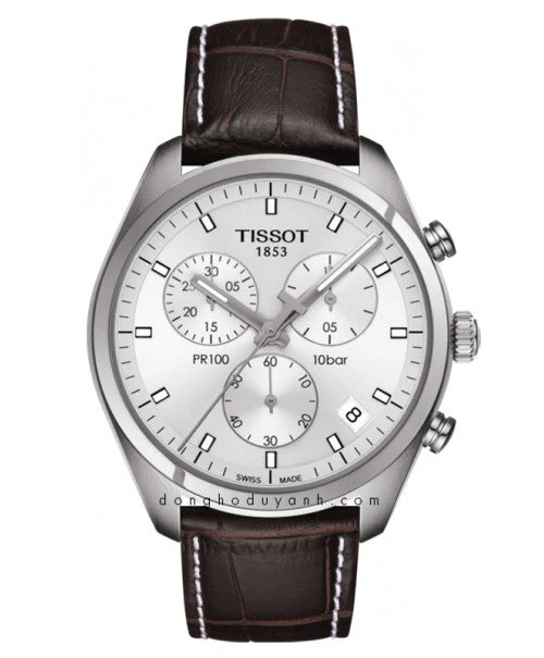 tissot_pr_100_t1014171603100 Tissot PR 100 Chronograph Silver Dial Brown Leather Strap Watch for Men - T101.417.16.031.00