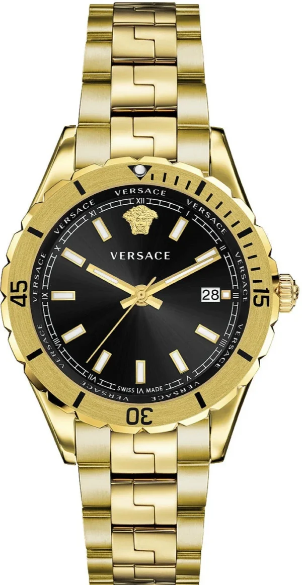 ve3a00820 Versace Hellenyium Quartz Black Dial Gold Steel Strap Watch For Men - VE3A00820