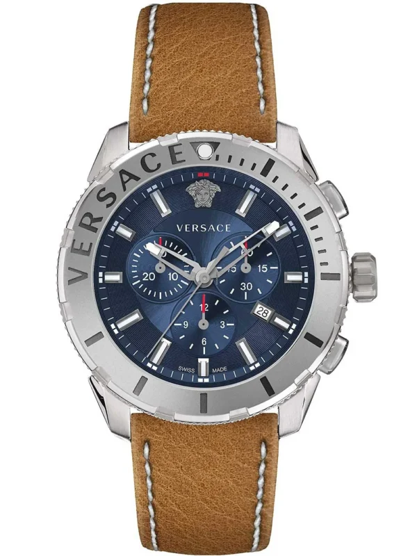 verg00218 Versace Casual Chronograph Blue Dial Brown Leather Strap Watch for Men - VERG002-18
