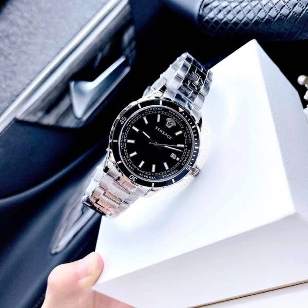 versace-ve3a00620-2-6740_fa0d35b5-5483-40cc-ab4d-f10f4a9444df Versace Hellenyium Quartz Black Dial Grey Steel Strap Watch For Men - VE3A00620