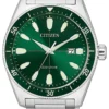 Citizen Eco Drive Vintage Green Dial Silver Steel Strap Watch For Men - AW1598-70X
