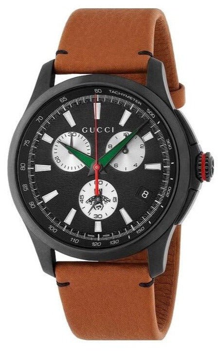 0151328_gucci-g-timeless-ya126271-887613_1b6ea6fe-8ca8-4327-80f9-60c2dec029b3 Gucci G-Timeless Chronograph Black Dial Brown Leather Strap Watch For Men - YA126271