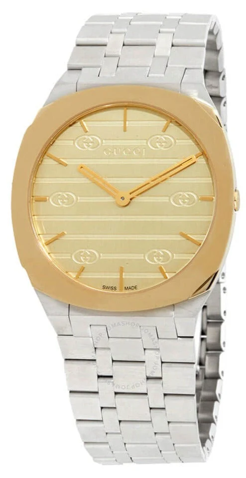 0168392_gucci-25h-34-mm-ya163403_2260d339-fe15-4ace-a76c-b921f2df2f86 Gucci 25H Quartz Gold Dial Silver Steel Strap Watch for Women - YA163403
