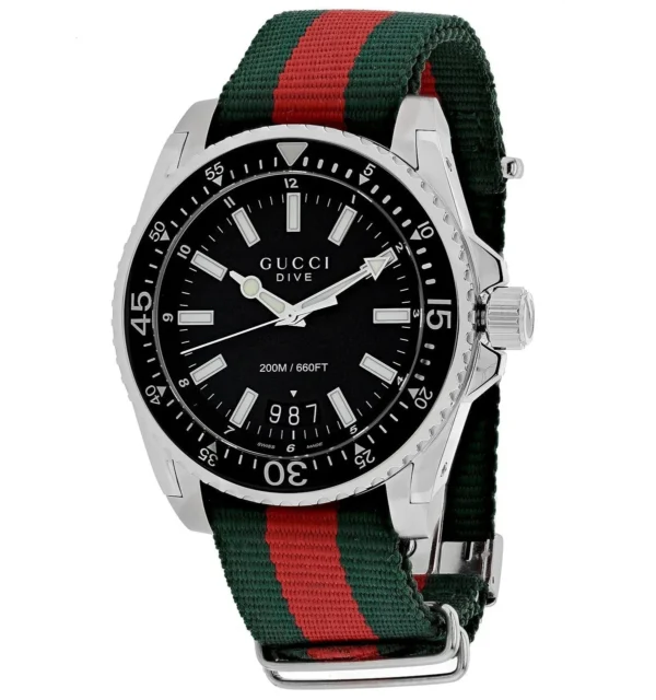 05d9caf8-e4c2-4b68-8bb2-09375fafb7fa_1.582442063e4176cfc1f918914dd5ce69 Gucci Dive Black Dial Two Tone NATO Strap Watch For Men - YA136206