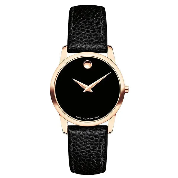 0607061 Movado Museum Classic Black Dial Black Leather Strap Watch For Women - 607061