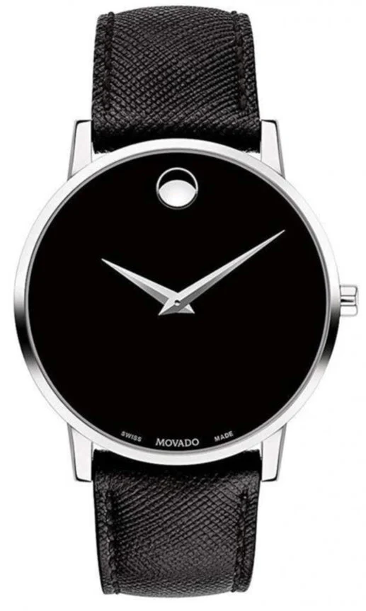 0607194-1 Movado Museum Classic Black Dial Black Leather Strap Watch for Men - 0607194