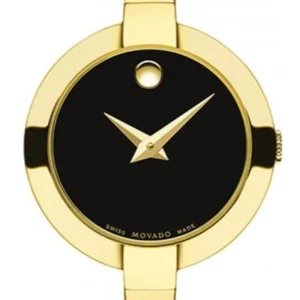 Movado Bela Black Dial Gold Steel Strap Watch For Women - 0606999