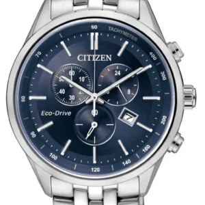0_336fb68d-fbf4-4f36-80f1-5603d60b9e0a-294536 Citizen Eco Drive Chronograph Blue Dial Silver Steel Strap Watch For Men - AT2140-55L