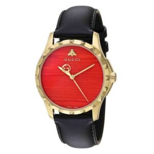 1-103 Gucci G Timeless Coral Red Dial Black Leather Strap Watch For Men - YA126464