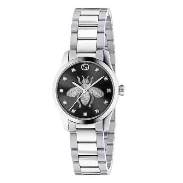 1-37 Gucci G Timeless Quartz Diamonds Black Dial Silver Steel Strap Watch For Women - YA1265024