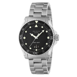1-38_468f25e8-6f6b-4929-afe3-795976350645 Gucci Dive Quartz Black Dial Silver Steel Strap Watch For Men - YA136301B