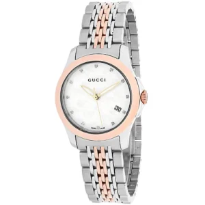115030 Gucci G Timeless Diamonds Mother of Pearl Dial Two Tone Mesh Bracelet Watch For Women - YA126514