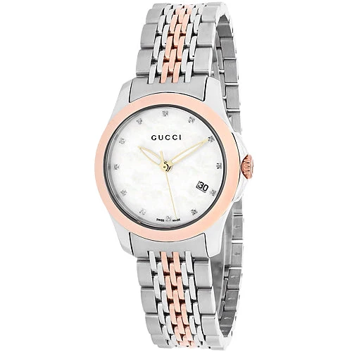 Gucci G Timeless Diamonds Mother of Pearl Dial Two Tone Mesh Bracelet Watch For Women - YA126514