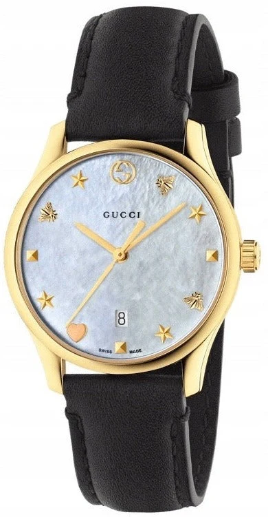 158c9c26427bb8f1f592805f2802_1940962a-640c-40a3-9891-be48a52899ea Gucci G-Timeless Mother of Pearl Dial Black Leather Strap Watch For Women - YA1264044