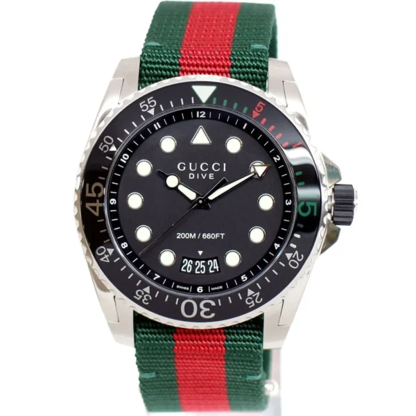 Gucci Dive Black Dial Red & Green Nylon Strap Watch For Men - YA136209