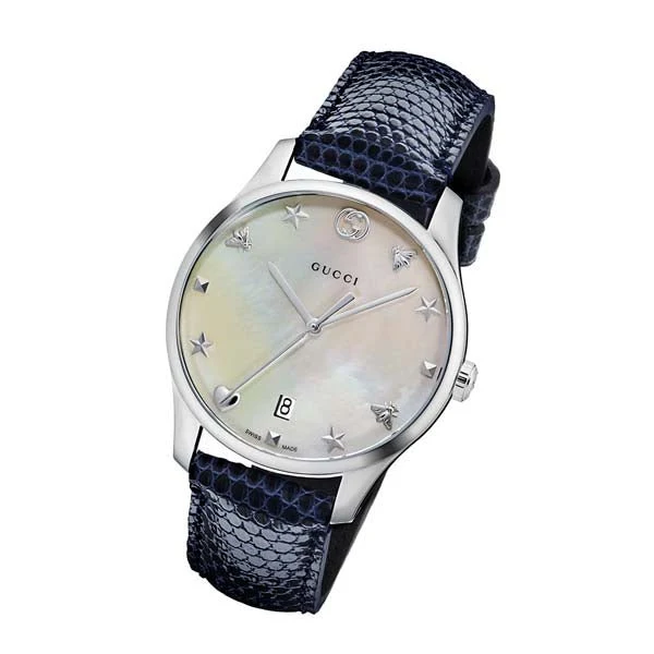160169-2-777752 Gucci G-Timeless Signature Mother of Pearl Star Dial Blue Watch For Women - YA126588