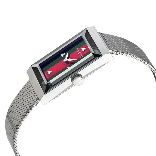 164338161165-1-280728_35967ac0-3d57-407b-92f8-f32feb5935da Gucci G Frame Red and Green Dial Silver Mesh Bracelet Watch For Women - YA147401