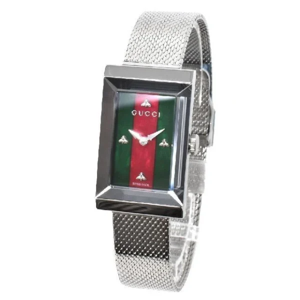1697416656-346560_c8342a30-24e6-4253-804c-0f4813f3af8a Gucci G Frame Red and Green Dial Silver Mesh Bracelet Watch For Women - YA147401