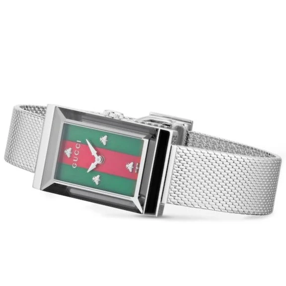 17371398_4_826c8f6b-7192-4cd1-b1bf-c74ac44e3406 Gucci G Frame Red and Green Dial Silver Mesh Bracelet Watch For Women - YA147401