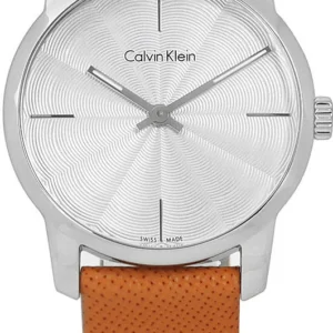 1899a6180f12632307dffefff44c98c5 Calvin Klein City Silver Dial Orange Leather Strap Watch for Women - K2G231G6