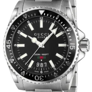 Gucci Dive Quartz Black Dial Silver Steel Strap Watch For Men - YA136301