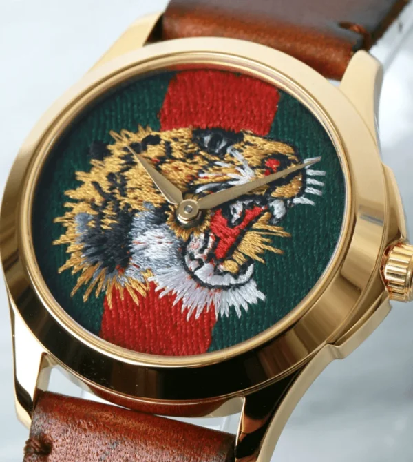 20181022_104015-739498 Gucci Le Marche Des Merveilles Red & Green Dial Brown Leather Strap Unisex Watch - YA126497