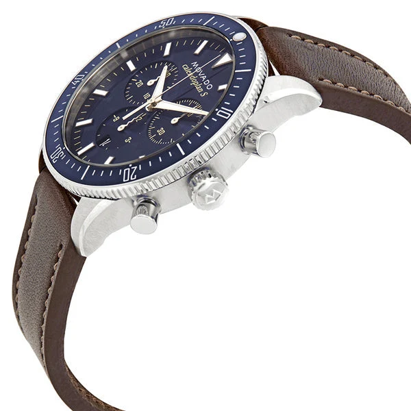 3650061-2-1 Movado Heritage 29mm Chronograph Blue Dial Brown Leather Strap Watch For Men - 3650061