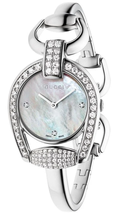 3660842_fpx Gucci Horsebit Collection Diamonds Mother of Pearl Dial Silver Steel Strap Watch For Women - YA139505