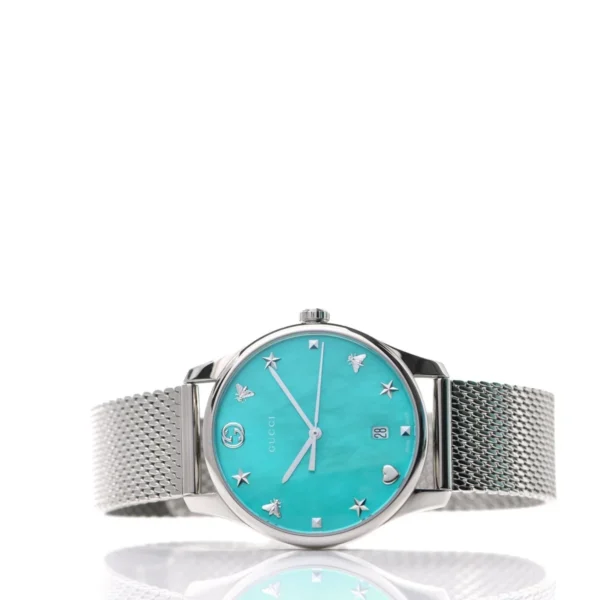 3d550d431abd3865404197be0e315e79_ac03cf70-ffb0-4a09-8e70-eaf9fbc083a1 Gucci G-Timeless Turquiose Mother of Pearl Dial Silver Mesh Bracelet Watch For Women - YA1264039