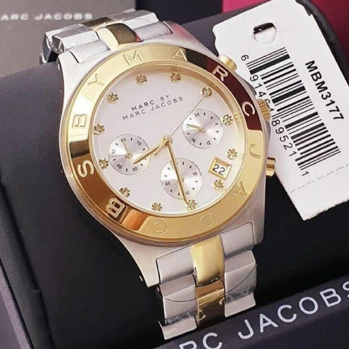 4e48d3a1-4190-4641-b9f4-bf2e4229ac10 Marc Jacobs Blade Chronograph Silver Dial Two Tone Steel Strap Watch for Women - MBM3177