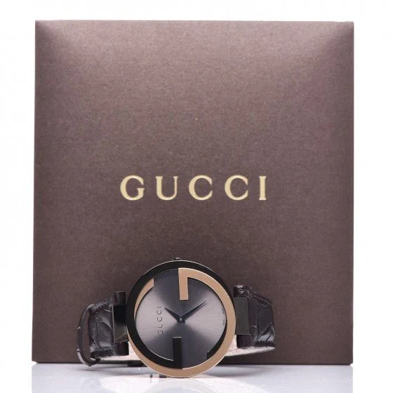Gucci Interlocking G 18K Gold Black Dial Brown Leather Strap Watch For Women - YA133304